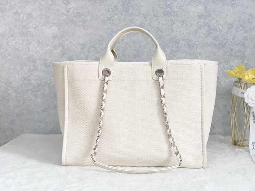 Chanel Small Shopping Bag Silver Hardware Cream AS3257