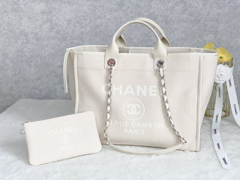 Chanel Small Shopping Bag Silver Hardware Cream AS3257