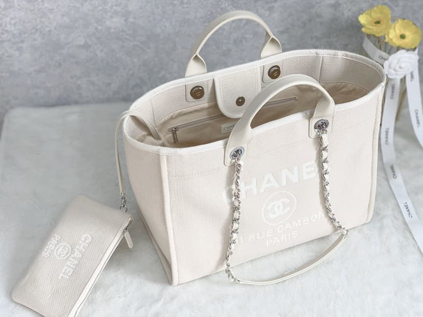 Chanel Small Shopping Bag Silver Hardware Cream AS3257