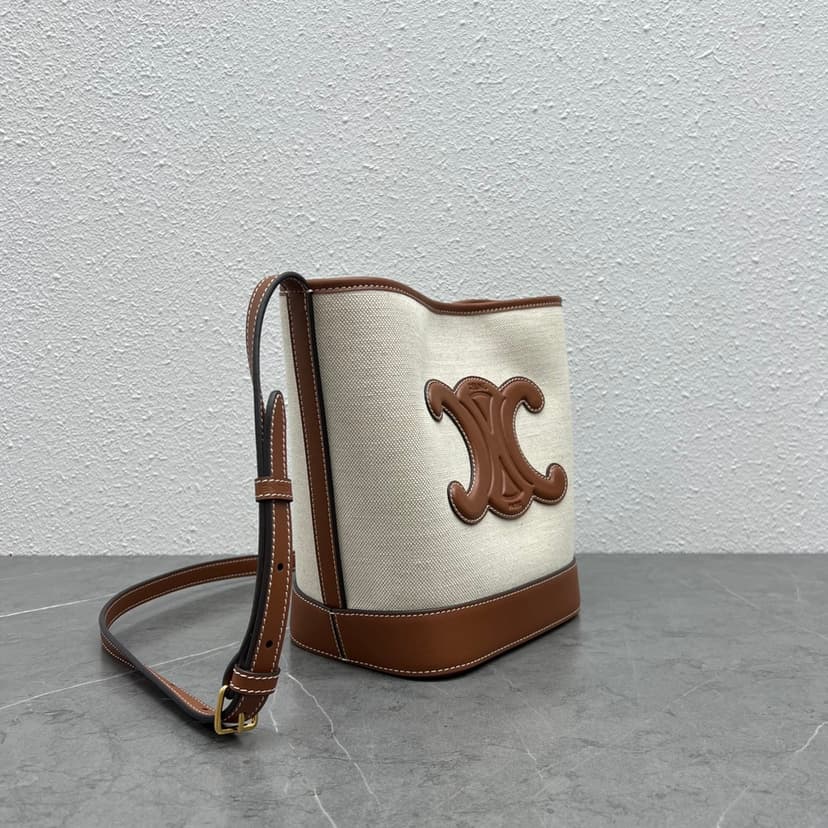 Celine Small Bucket Cuir Triomphe In Textile Natural / Tan 198242EFL.02NT