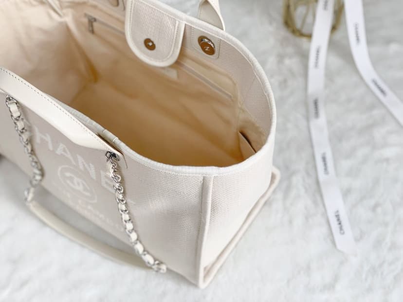 Chanel Small Shopping Bag Silver Hardware Cream AS3257