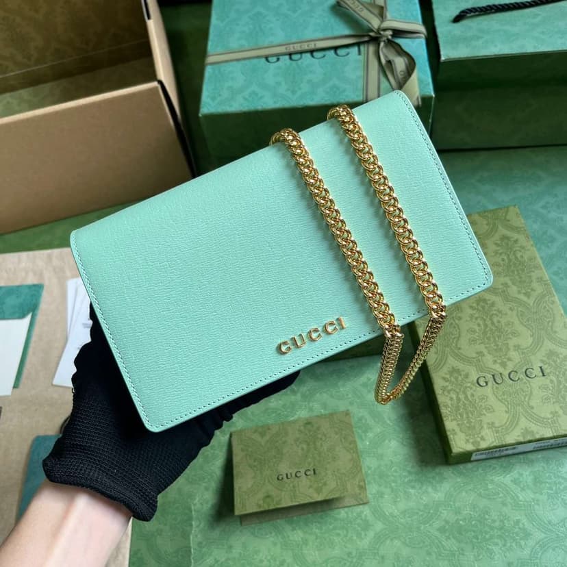 Gucci Chain Wallet With Script Light Green For Women 20cm / 7.8in 772643 0OP0N 3401