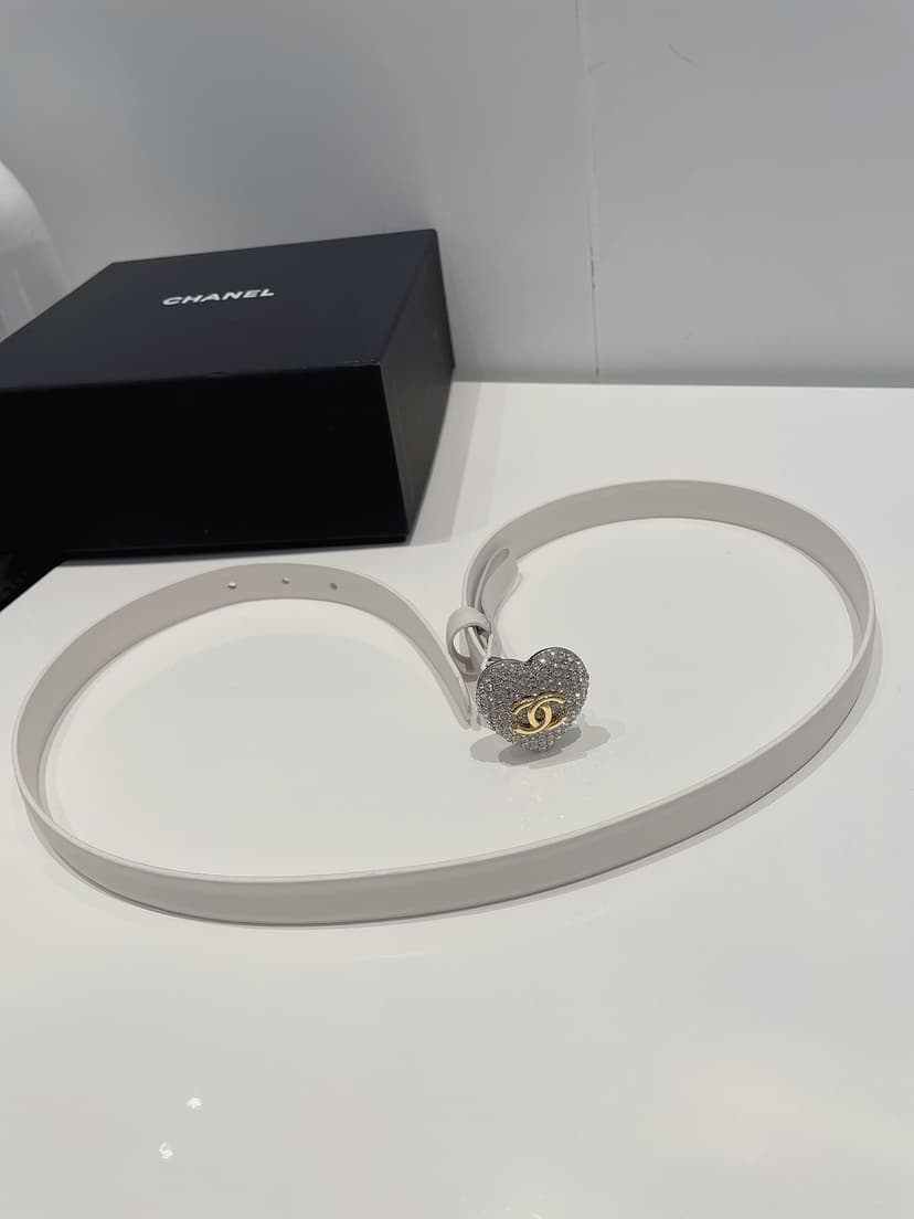 Chanel CC Silver Tone Heart Buckle Belt White For Women