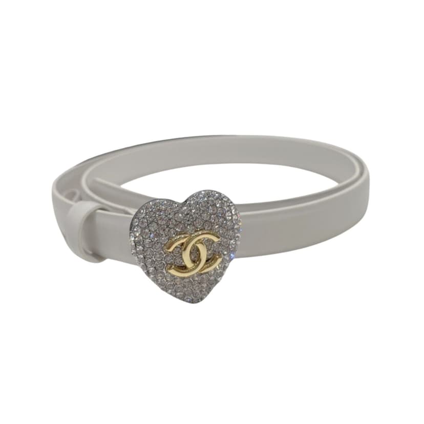 Chanel CC Silver Tone Heart Buckle Belt White For Women