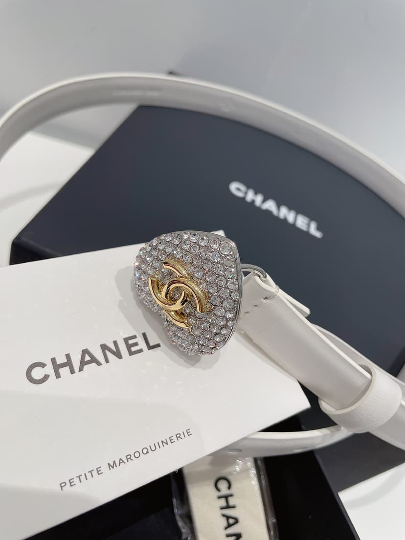 Chanel CC Silver Tone Heart Buckle Belt White For Women