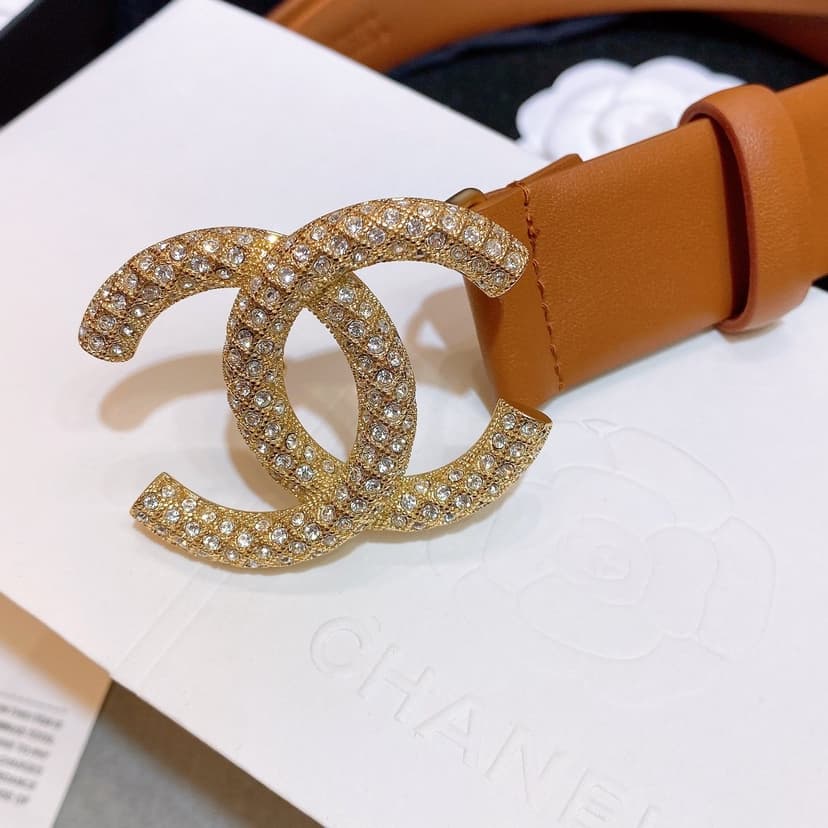 Chanel Brown Belt With Double C Buckle Gold-Toned and Strass Metal Women Belt