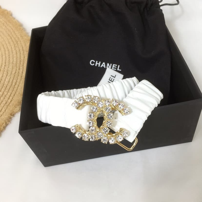 Chanel Belt Velvet White With Double C Buckle Gold-Toned and Strass Hardware Women Belt