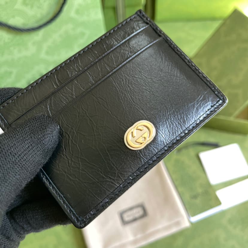 Gucci Card Case with Gold Interlocking G Plain Black For Men 4in/10cm GG
