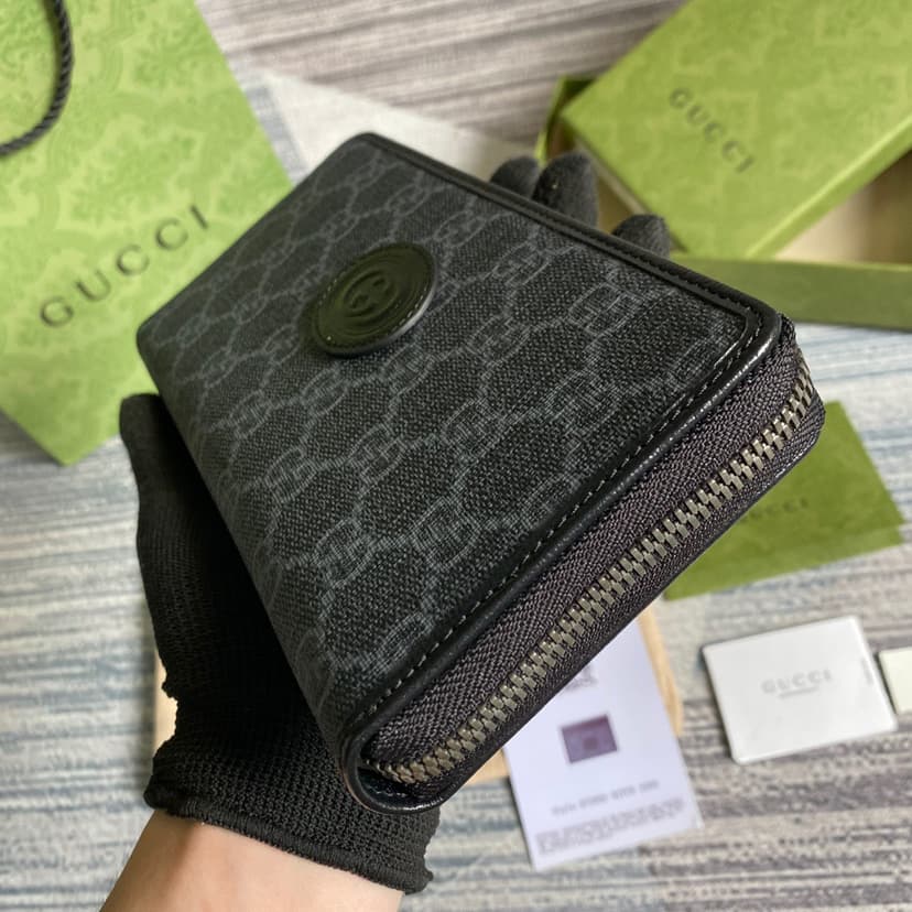 Gucci Ophidia GG Zip Around Wallet With Interlocking G Black For Men 8in/19cm GG