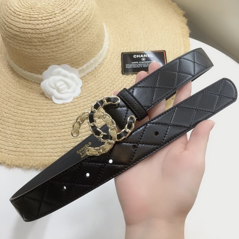 Chanel Quilted Belt With Double C Buckle Black with Gold mix Black Hardware Women Belt