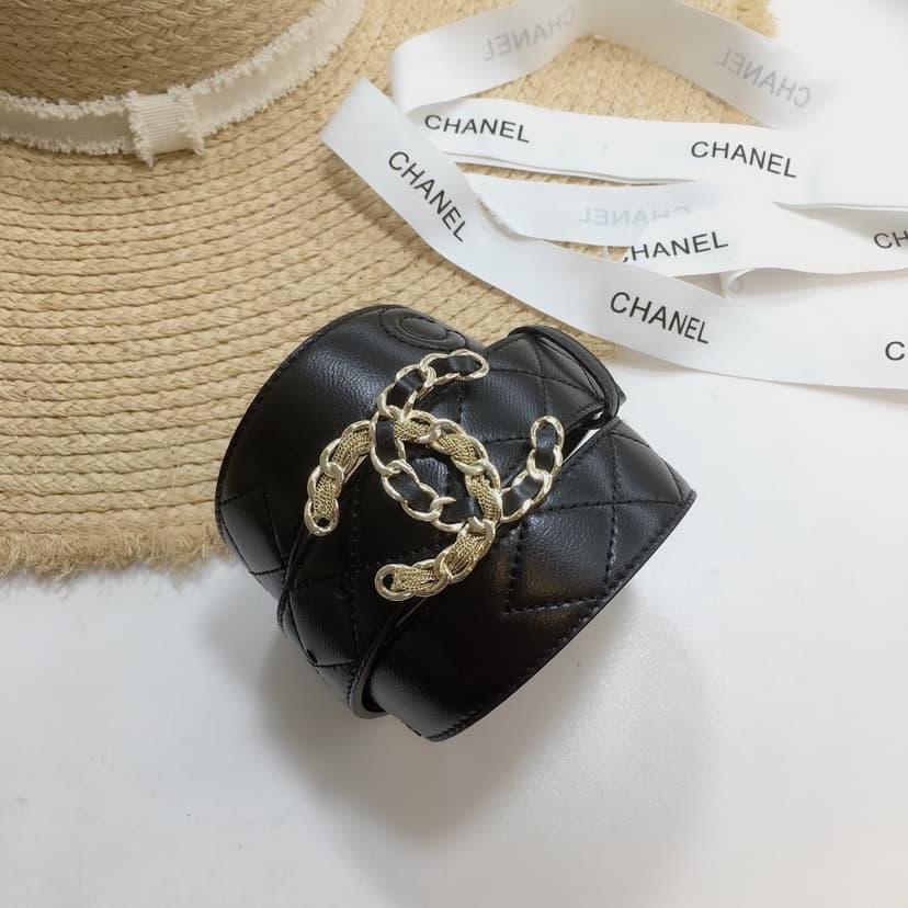 Chanel Quilted Belt With Double C Buckle Black with Gold mix Black Hardware Women Belt