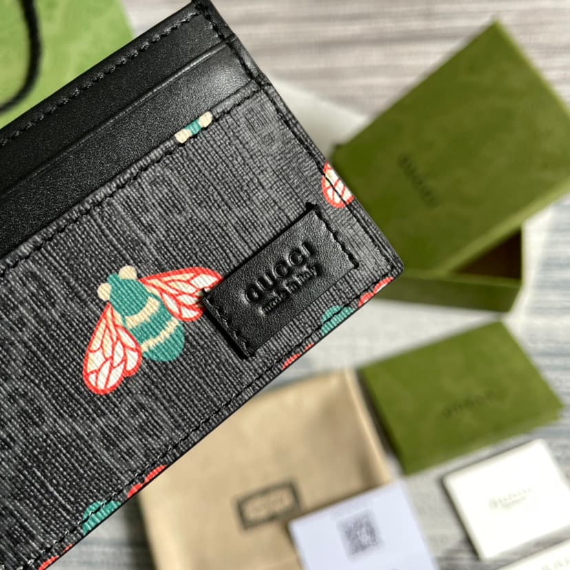 Gucci Card Case Black with Bees Signature For Men 4in/10cm GG