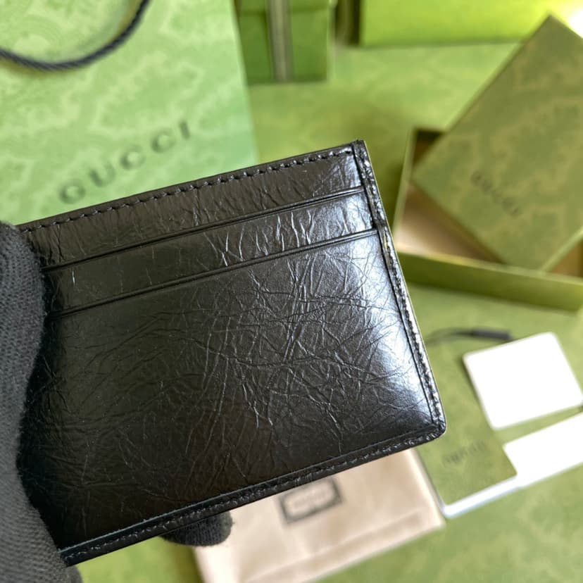 Gucci Card Case with Gold Interlocking G Plain Black For Men 4in/10cm GG
