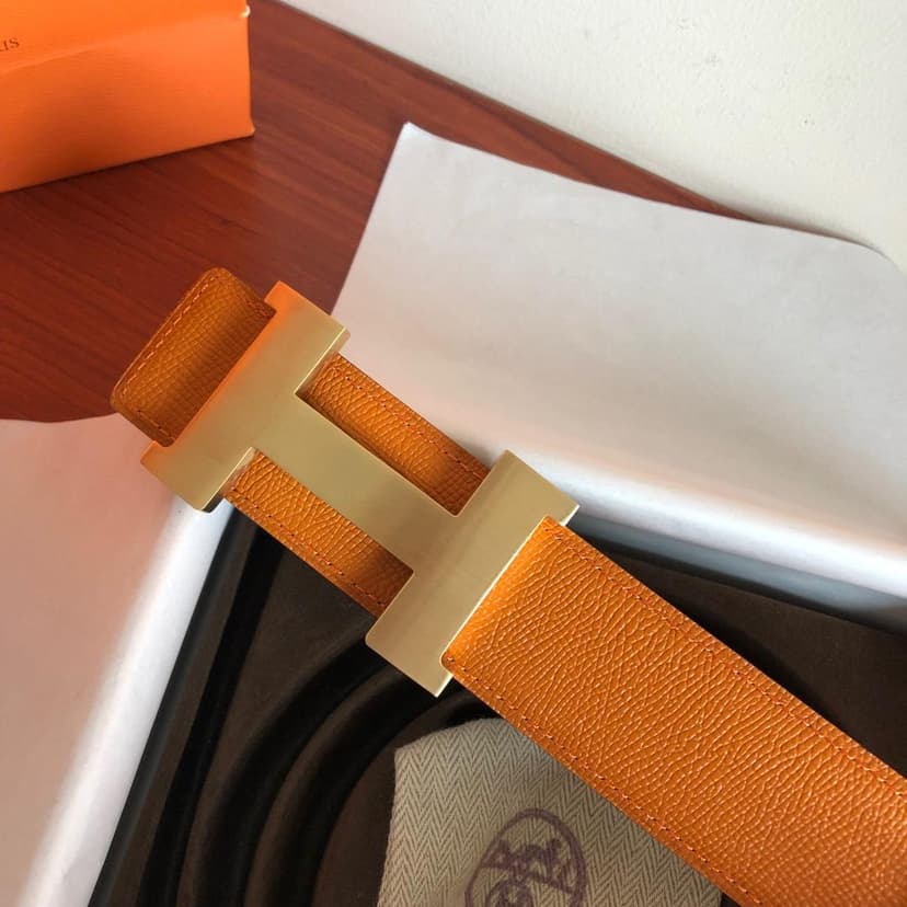 Hermes Mini Constance Guillochee Belt Buckle &amp; Reversible Orange For Women, Women Belt