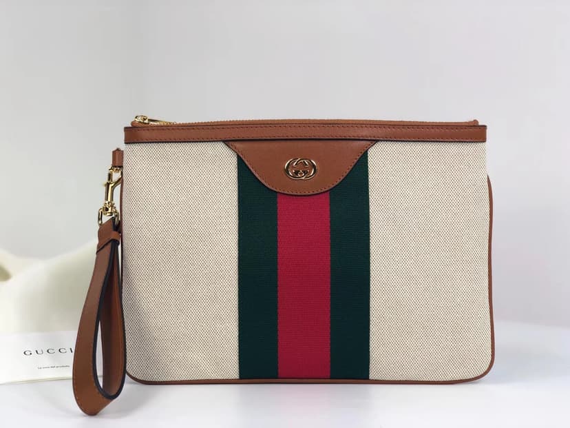 Gucci Vintage Canvas Pouch Beige Green Red Stripe For Men, Men's Pouch 11.5in/29cm GG