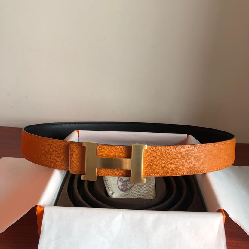 Hermes Mini Constance Guillochee Belt Buckle &amp; Reversible Orange For Women, Women Belt