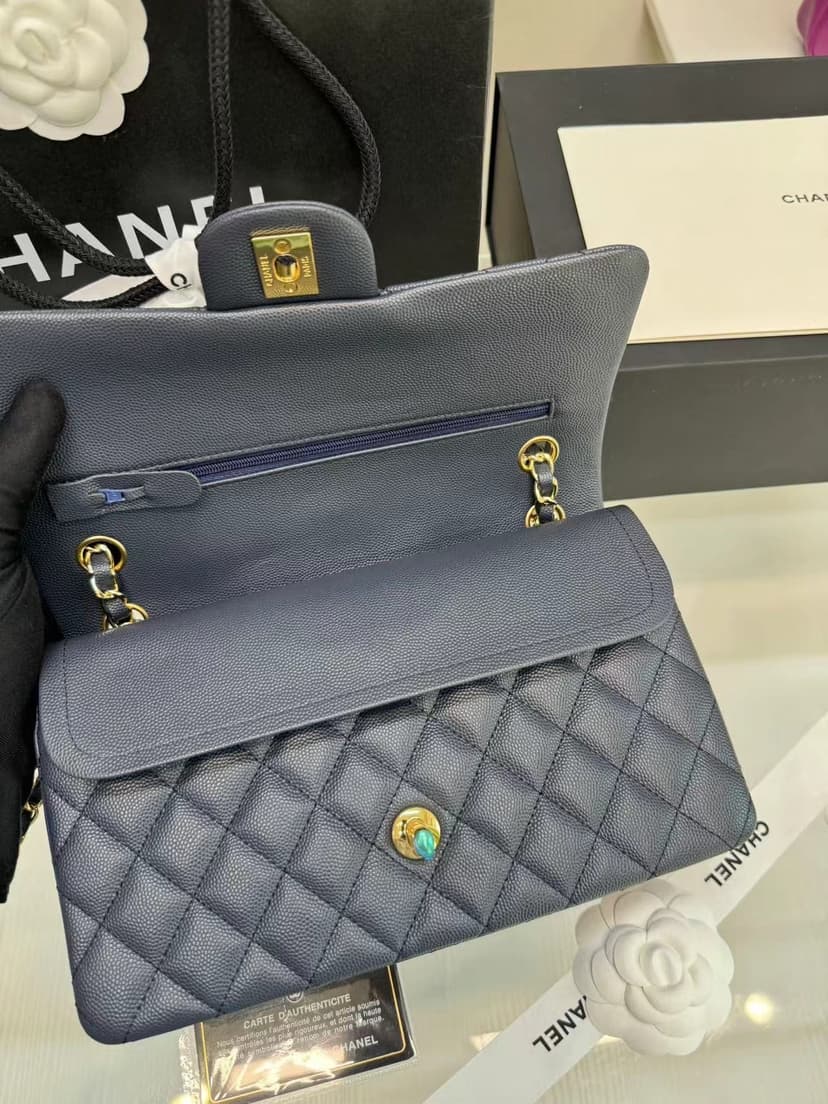 [True-to-ORIGINAL] Chanel Classic 11.12 Handbag Dark Blue GOLD-toned hardware For Women A01112 B10583 NZG78