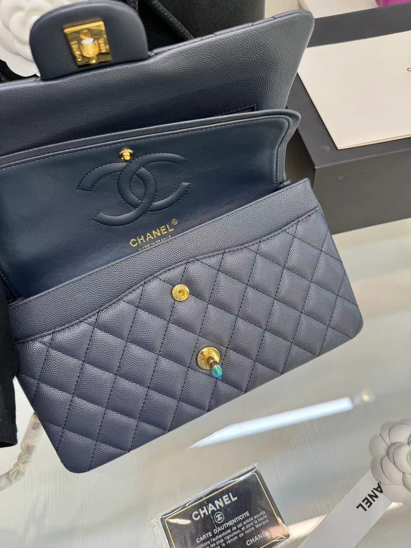 [True-to-ORIGINAL] Chanel Classic 11.12 Handbag Dark Blue GOLD-toned hardware For Women A01112 B10583 NZG78