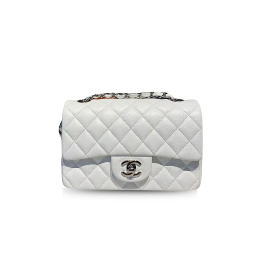 Chanel Small Classic Handbag Silver Hardware White A01113