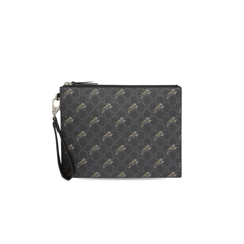 Gucci Tiger Print Pouch Light Grey Black For Men, Men’s Pouch 12in/31cm GG