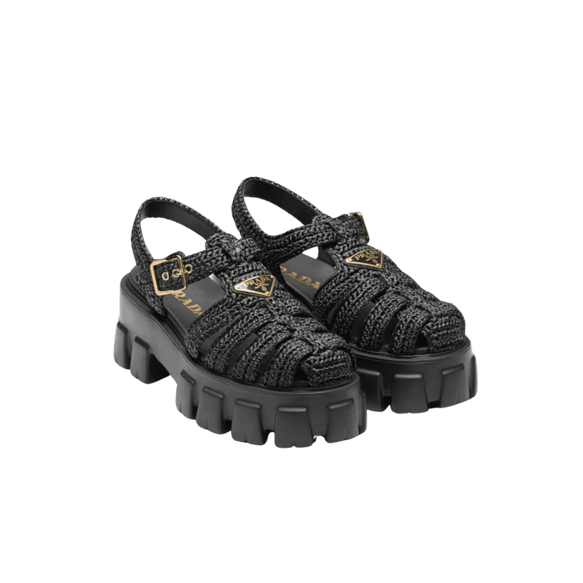 Prada Monolith Crochet Cage Sandals Black For Women