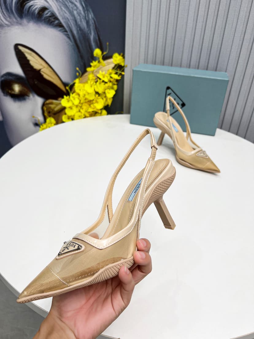 Prada Mesh Fabric Slingback Pumps Beige For Women PRD 1I828M_099_F0F24_F_045