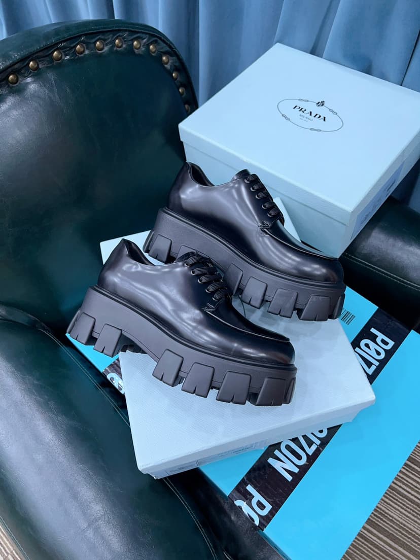 Prada Monolith Brushed Lace-Up Shoes Black For Women 2.4in/60mm PRD 2EE356_B4L_F0002