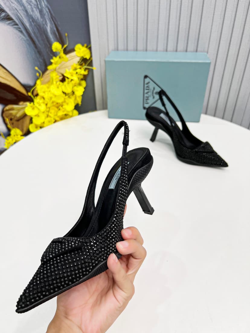 Prada Satin Slingback Pumps With Crystals Black For Women 2.2in/55mm PRD