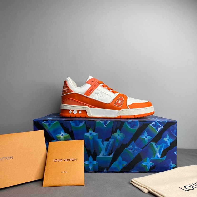 Louis Vuitton Trainer Sneaker Mix Of Materials White/Orange Virgil Abloh For Men LV 1A9VN0