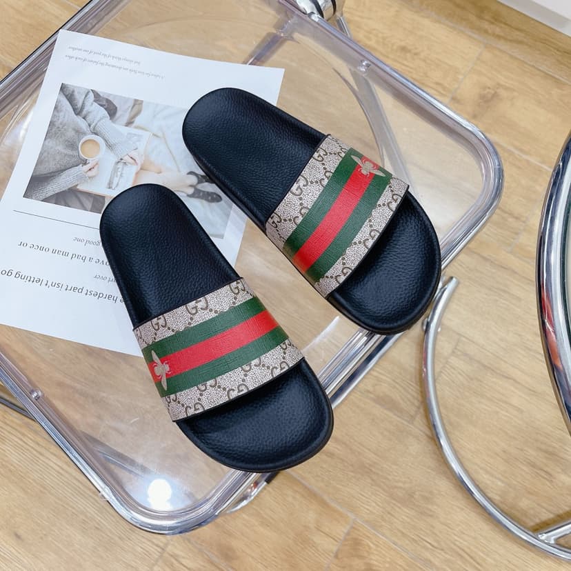 Gucci Men's GG Slide Sandal With Bee Web Black For Men 407345