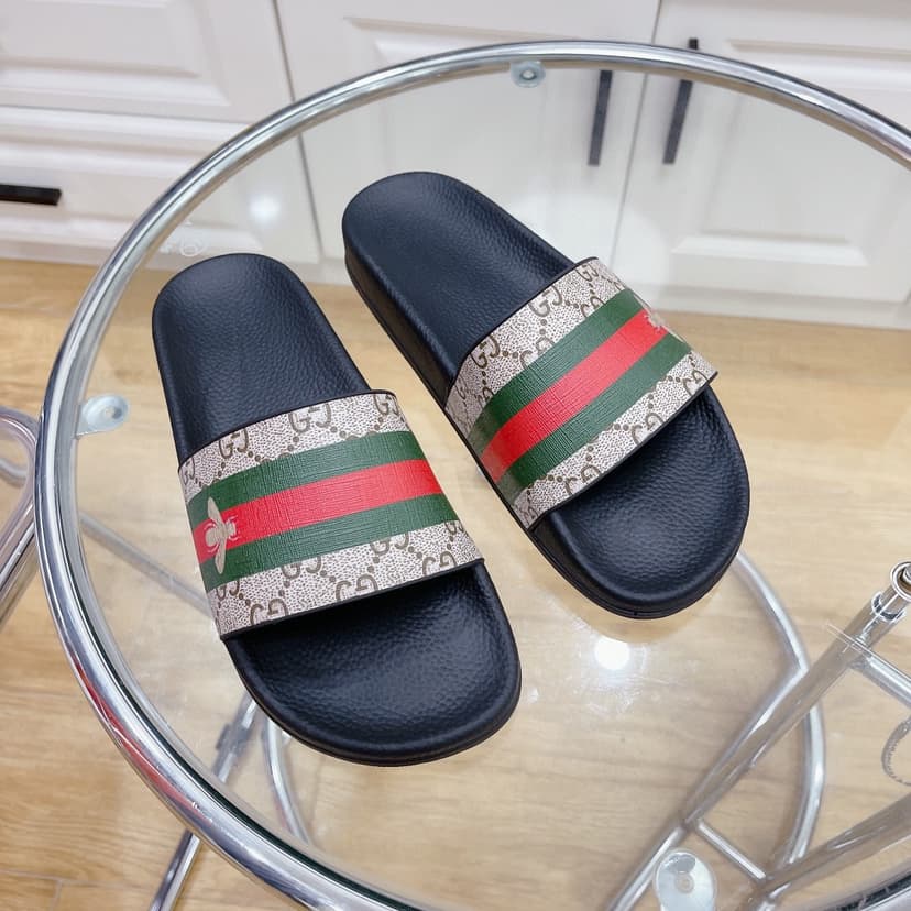 Gucci Men's GG Slide Sandal With Bee Web Black For Men 407345