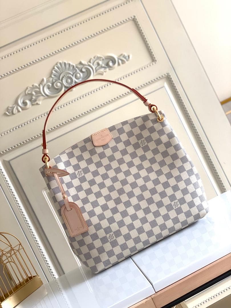 [True-to-ORIGINAL] Louis Vuitton Graceful PM Bag Damier Azur Canvas Rose Ballerine Pink For Women 35cm/13.8in N42249