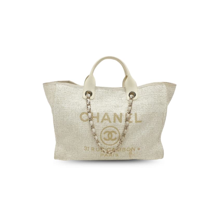 Chanel Deauville Tote Tweed Canvas Bag Beige
