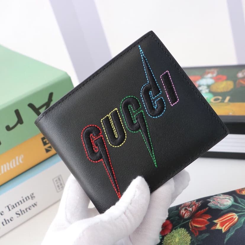 Gucci Bi-Fold Wallet Black with Embroidery For Men 4.3in/11cm GG