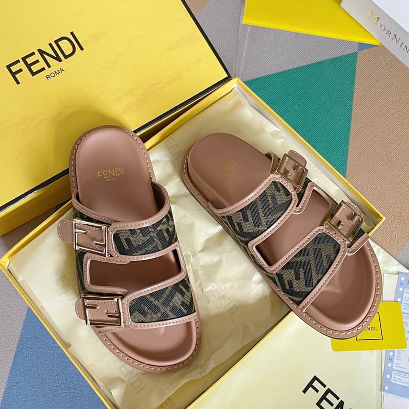 Fendi Feel Brown FF Fabric Slides For Women 8X8326AEGVF1HHG