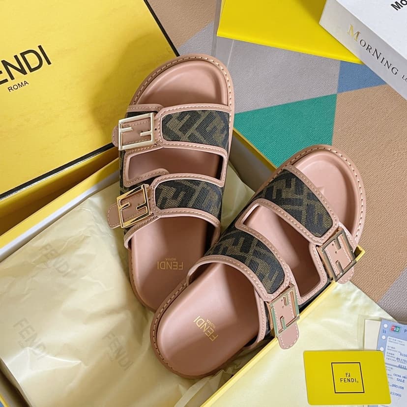 Fendi Feel Brown FF Fabric Slides For Women 8X8326AEGVF1HHG