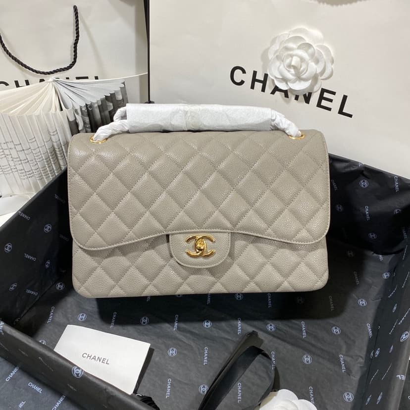 [True-to-ORIGINAL] Chanel Large Classic Handbag Gold Hardware Grey For Women, Women's Handbags, Shoulder Bags 11.8in/30cm