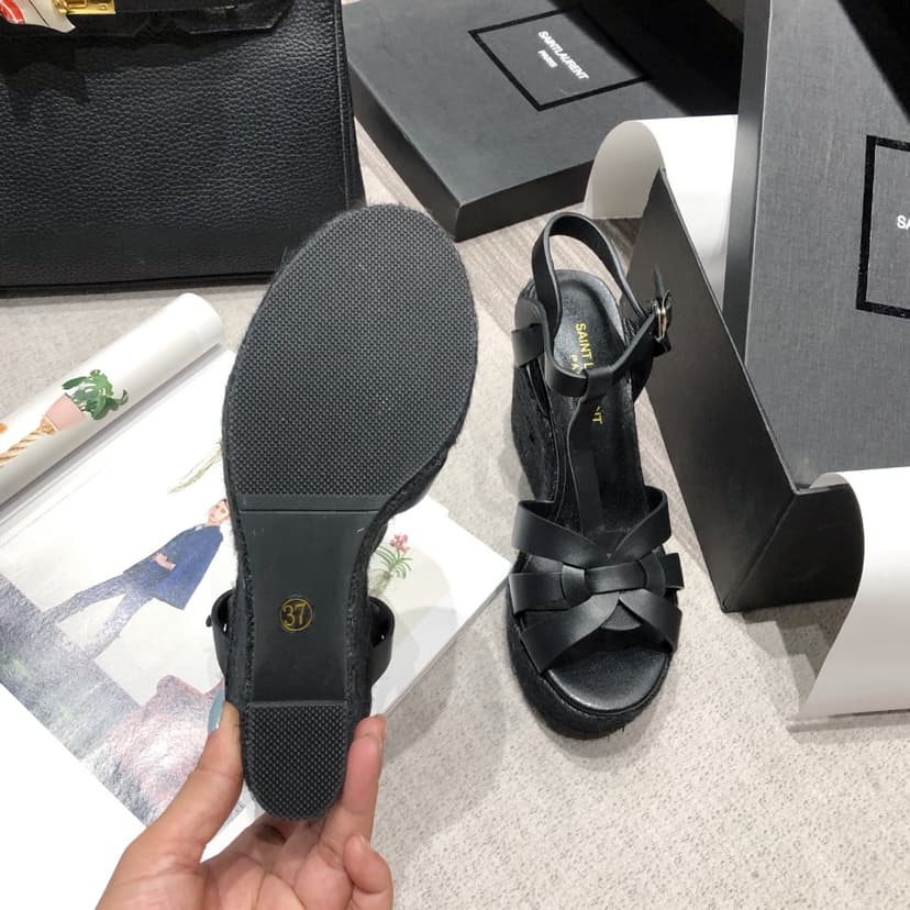 Saint Laurent Women's Tribute Espadrilles Wedge Black For Women YSL 611924BDA001000