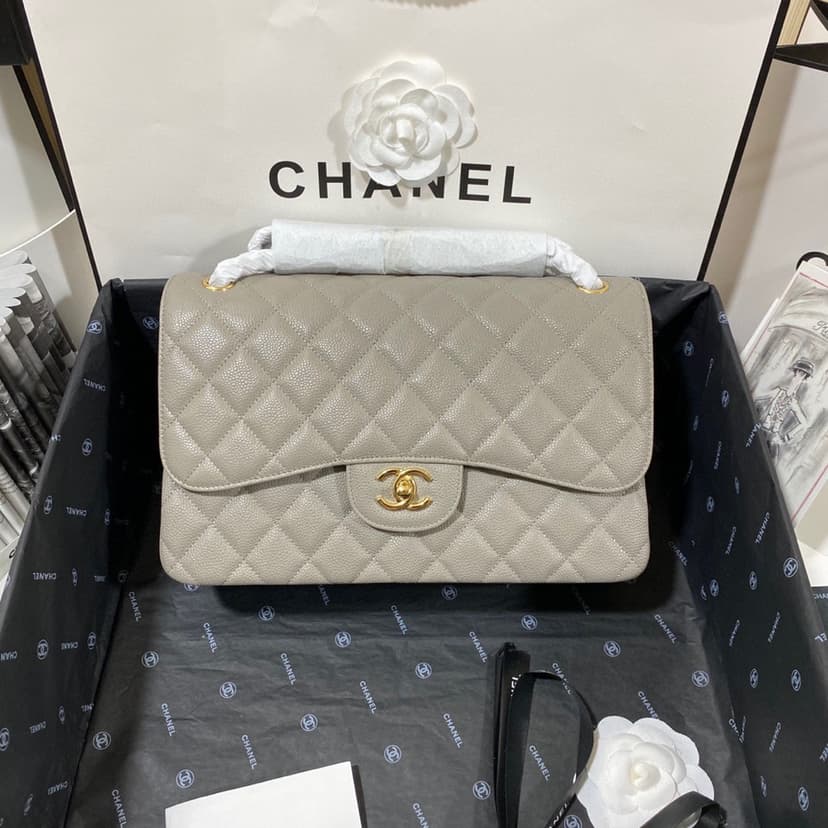 [True-to-ORIGINAL] Chanel Large Classic Handbag Gold Hardware Grey For Women, Women's Handbags, Shoulder Bags 11.8in/30cm