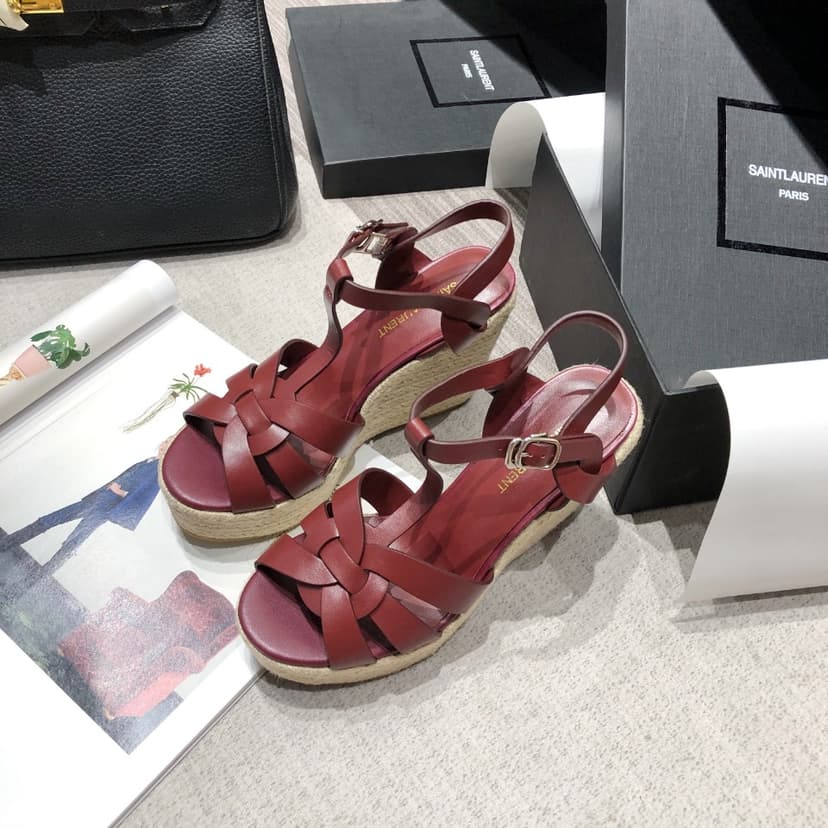 Saint Laurent Women's Tribute Espadrilles Wedge Reddish-Brown For Women YSL