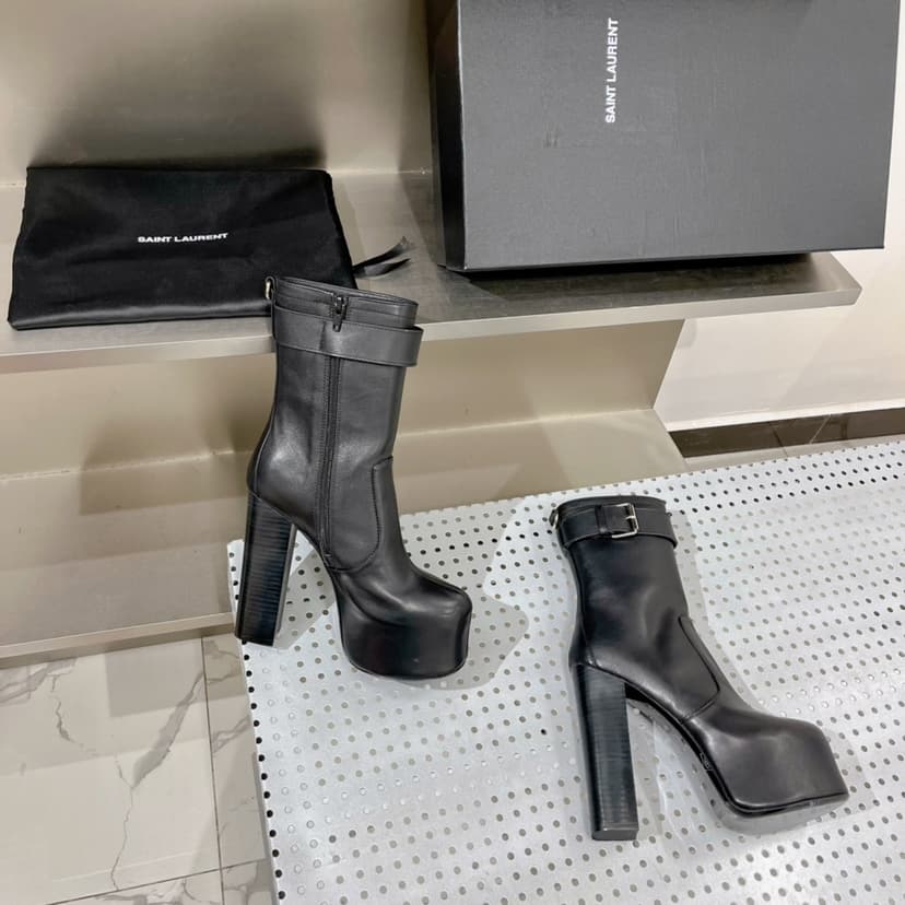 Saint Laurent Women's Cherry Buckle Platform Booties Black For Women YSL 6876621Y8001000
