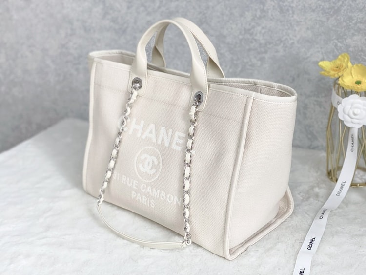 Chanel Small Shopping Bag Silver Hardware Cream AS3257