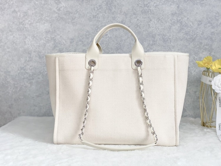 Chanel Small Shopping Bag Silver Hardware Cream AS3257