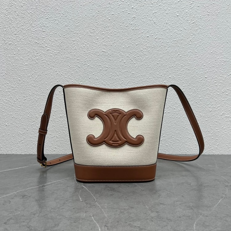Celine Small Bucket Cuir Triomphe In Textile Natural / Tan 198242EFL.02NT