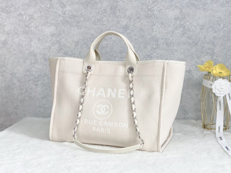 Chanel Small Shopping Bag Silver Hardware Cream AS3257