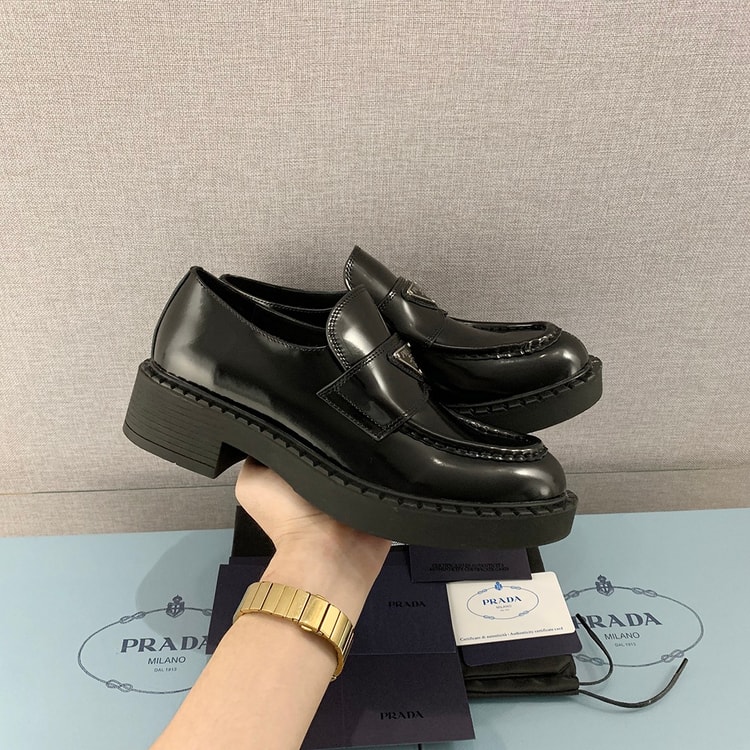 Prada Chocolate Patent Loafers Black For Women 1.9 in/ 5cm 1D246M_JHR_F0002_F_B050