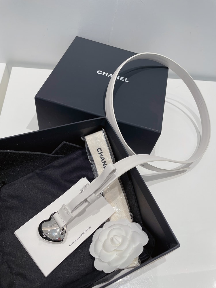 Chanel CC Silver Tone Heart Buckle Belt White For Women