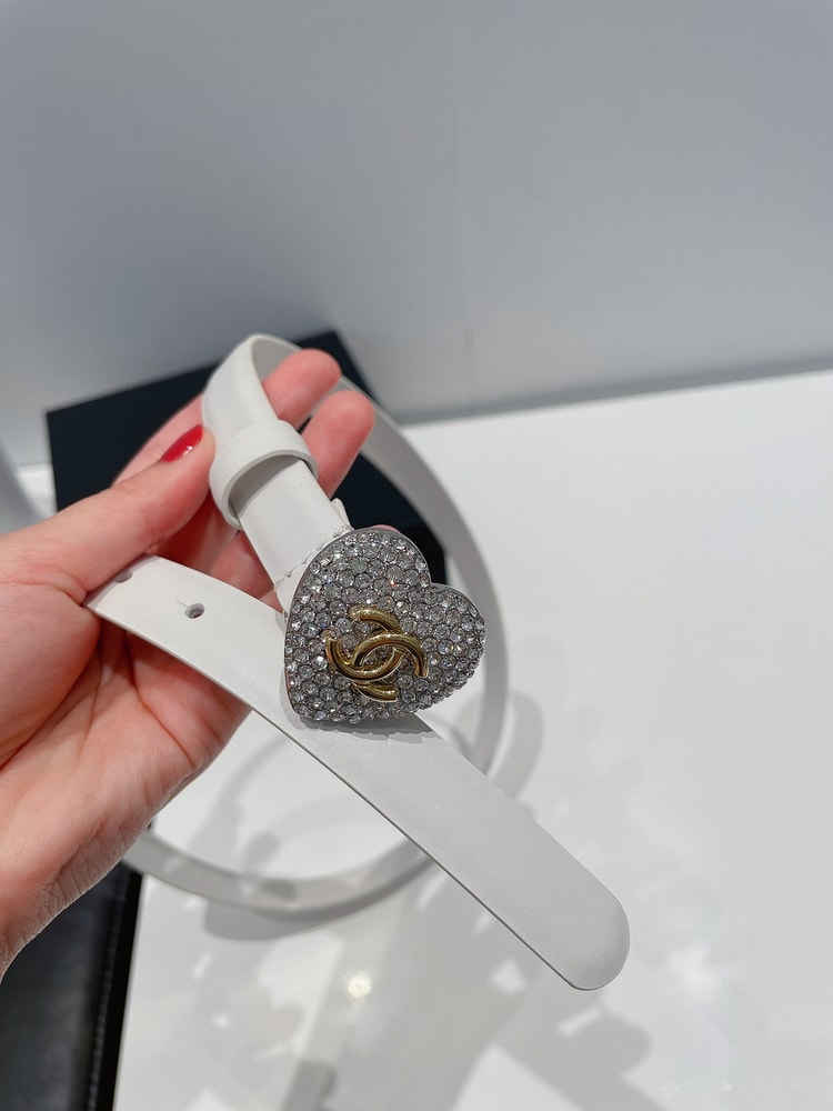 Chanel CC Silver Tone Heart Buckle Belt White For Women