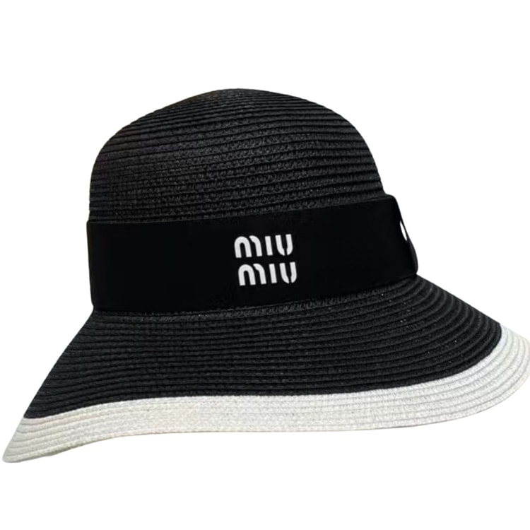 Miu Miu Wide Brim Sun Hat Raffia Black For Women 57cm/22.4in