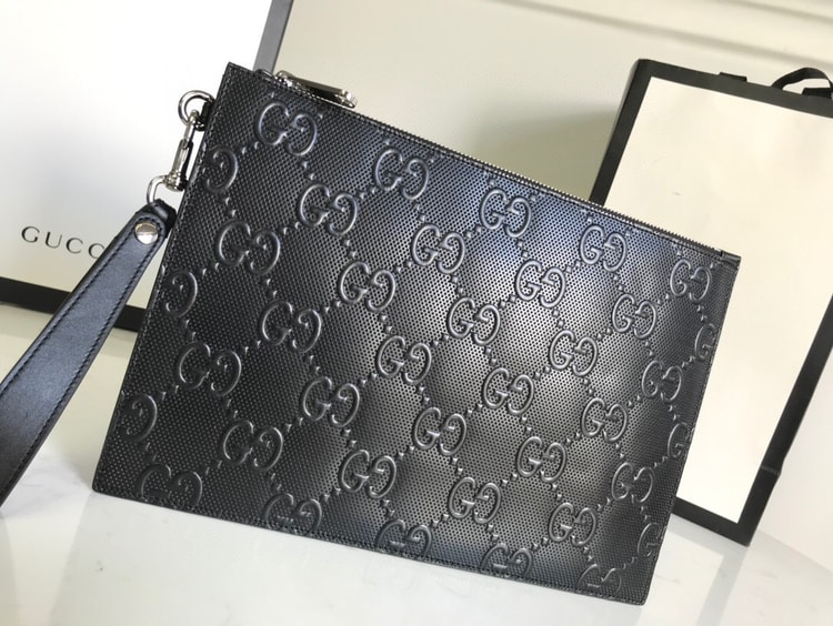 Gucci GG Embossed Pouch Black For Men, Men's Pouch 12in/31cm GG 625569 1W3AN 1000